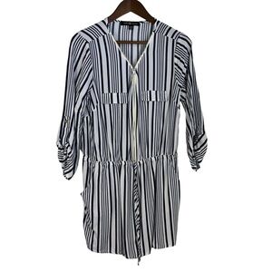 Belle TWEED QUARTER SLEEVE STRIPED SHORTS ROMPER‎ WITH CINCHED WAIST